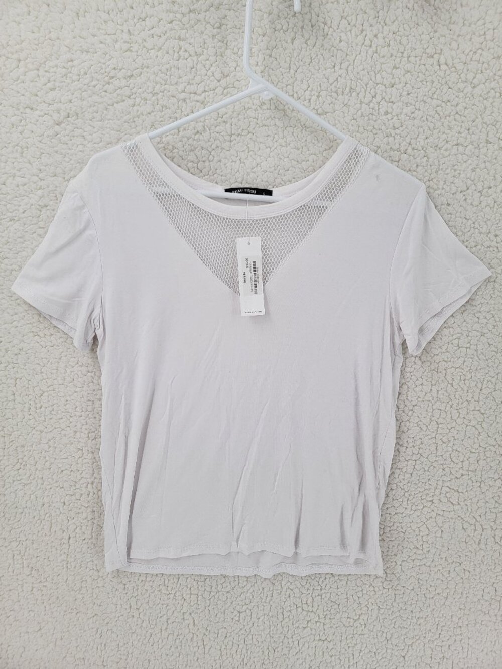 Beau Tissu Women Size Small White Short Sleeve Tee V Neck Mesh Panel Accent Top
